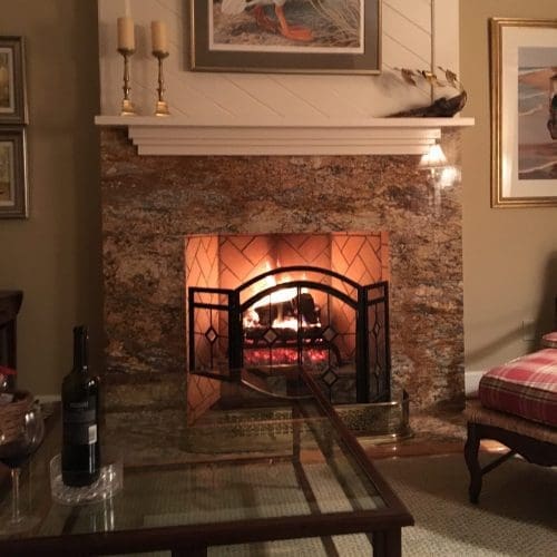 New masonry fireplace in use.