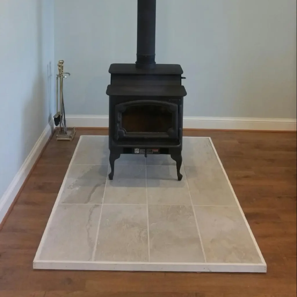 Freestanding wood stove professionally installed in Virginia Beach, VA with double-wall vent pipe, non-combustible hearth pad, and proper clearance from walls.