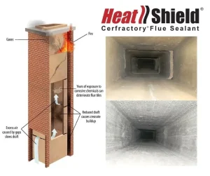 A chimney repair illustration showcasing the before and after of a chimney relining repair.