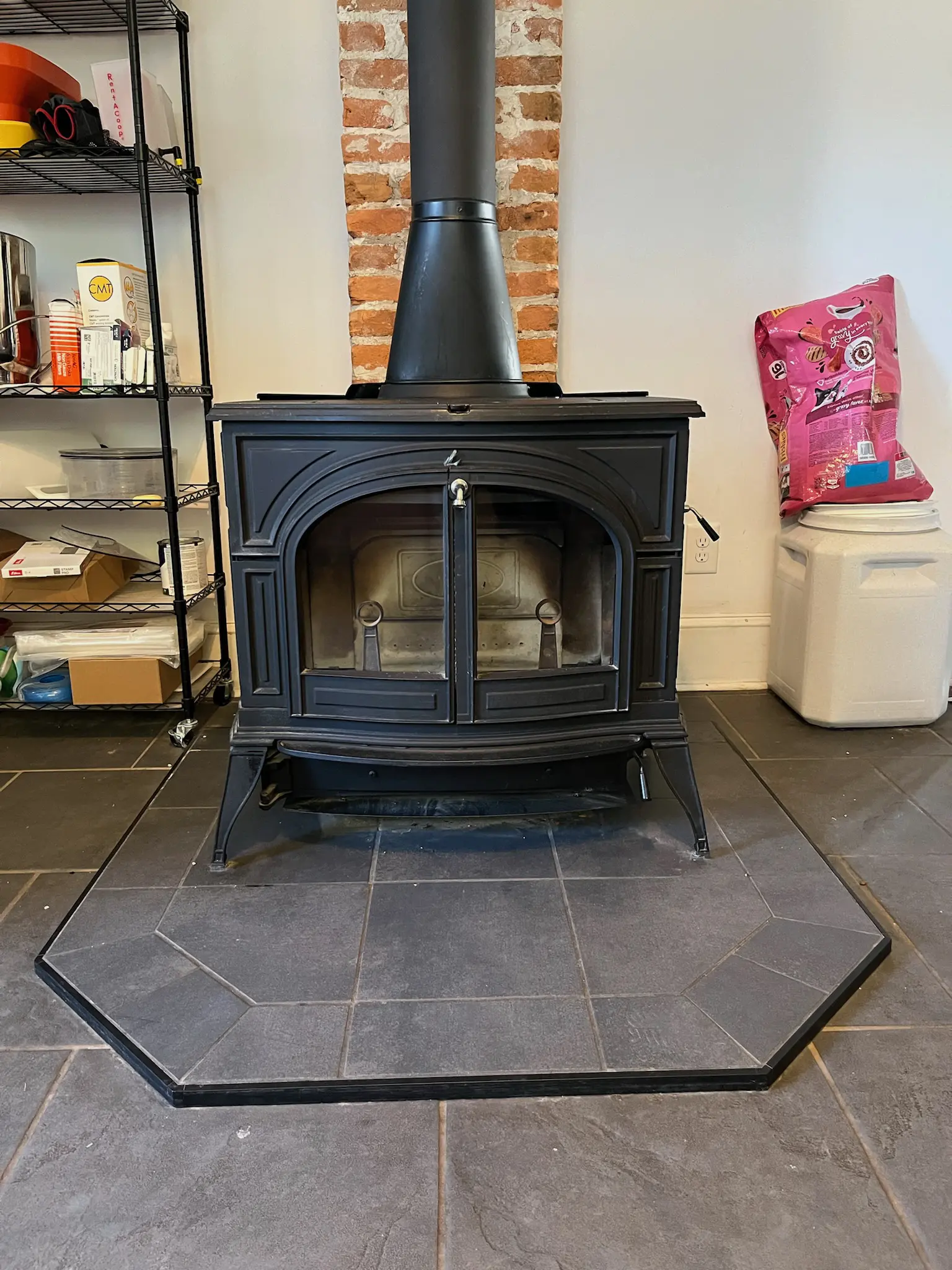 Freestanding wood stove professionally installed by Premier Chimney and Roofing in Hampton Roads.