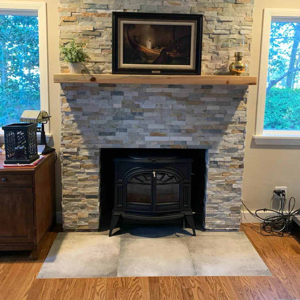 Wood stove installation in Virginia Beach by Premier Chimney and Roofing.