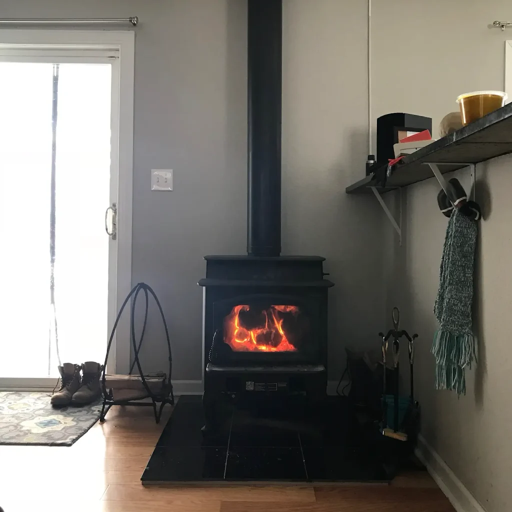 Freestanding EPA-certified wood stove in Virginia Beach home, shown in use with warm fire and professionally finished venting system.
