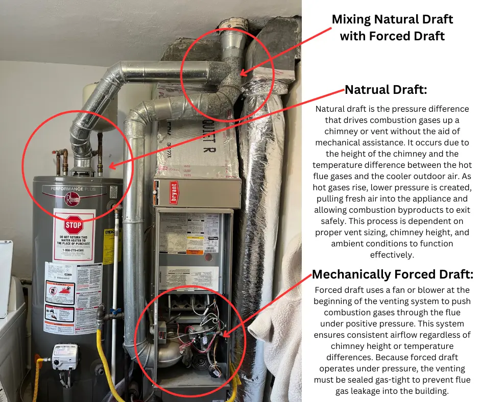 An illustration demonstrating when a water heater and furnace should not share a vent.