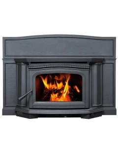 Alderlea T5 LE wood insert with blower in metallic black cast iron finish, showing a bright fire through large ceramic-glass viewing window.