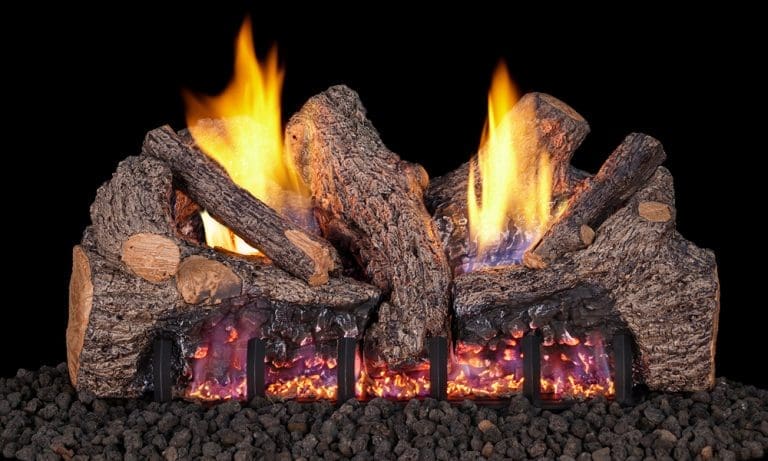 Real Fyre Foothill Oak vent-free gas log set on G19A burner with glowing embers and bright yellow flames