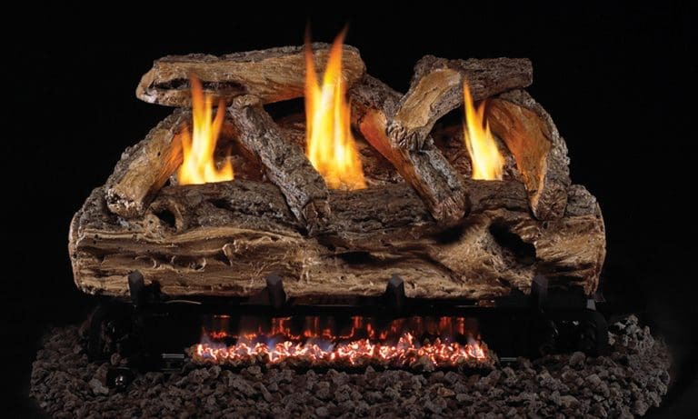 Real Fyre vent-free Split Oak gas log set with realistic glowing embers, bright orange flames, and hand-painted split oak-style logs arranged on a sturdy burner system.