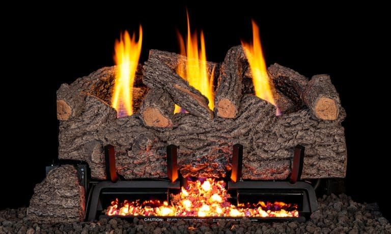 Real Fyre vent-free gas log set with realistic glowing embers and bright orange flames, arranged in a natural oak-style log design for a lifelike fireplace appearance.