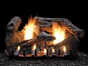 White Mountain Hearth Super Sassafras vent-free gas log set with hand-painted detail and deep glowing ember bed