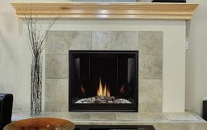 White Mountain Hearth Tahoe Premium Contemporary fireplace with black porcelain liner and rock media