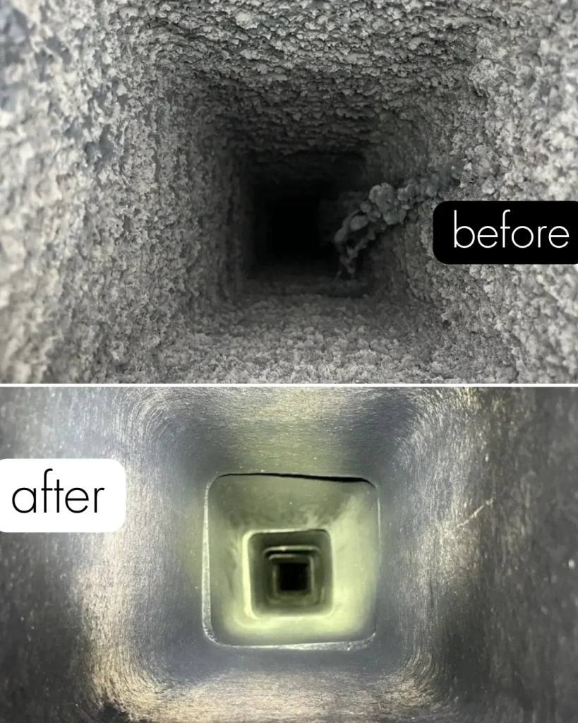 Before and after chimney cleaning showing heavy creosote buildup removed from flue during chimney sweep service in Virginia Beach VA