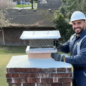 Stainless steel chimney cap installation on a masonry chimney in Newport News VA by Premier Chimney and Roofing