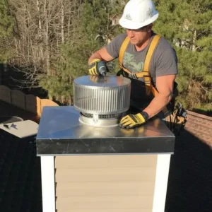 Stainless steel chimney chase cover installation on a prefabricated chimney in Newport News VA