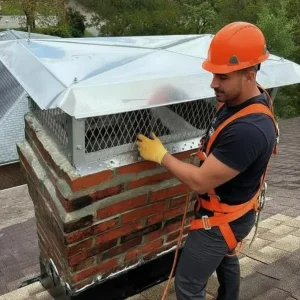 Large stainless steel multi flue chimney cap installation on a masonry chimney in Newport News VA