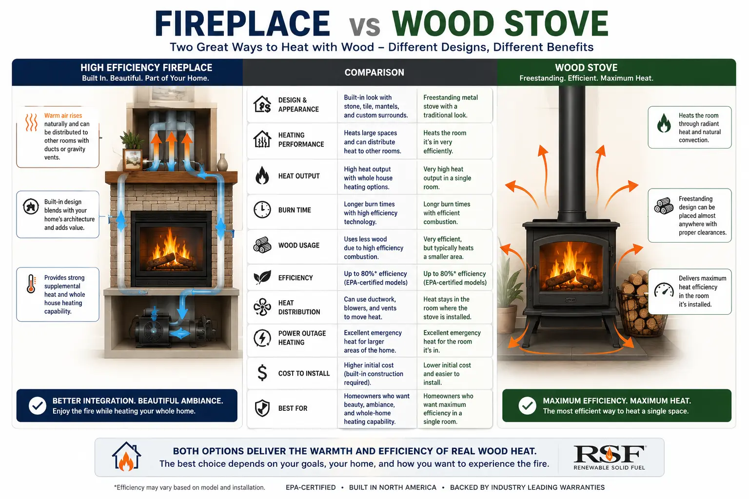 High-efficiency fireplace vs wood stove comparison showing differences in heating performance, heat distribution, efficiency, appearance, installation, and whole-house heating capability.