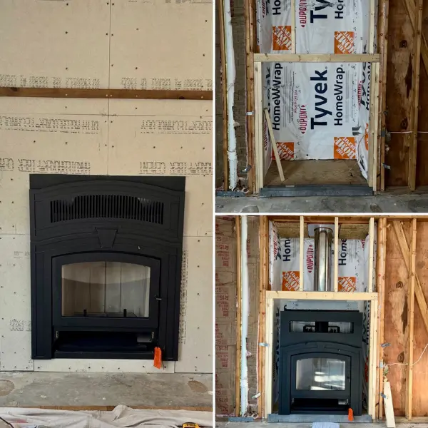 High-efficiency wood-burning fireplace installation in progress showing framing, venting system, and RSF fireplace placement in Virginia Beach VA.