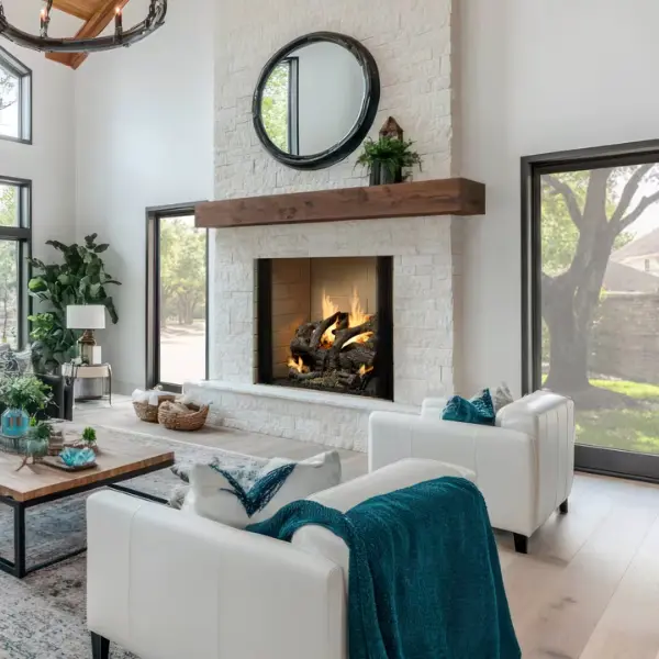Majestic Ashland wood-burning fireplace with white painted brick surround and rustic wood mantel