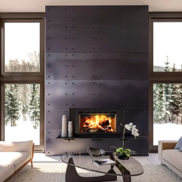 Modern RSF Focus high-efficiency wood-burning fireplace installation in Virginia Beach VA featuring a contemporary steel fireplace wall and expansive windows.