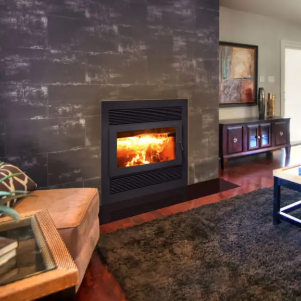 RSF Focus high-efficiency wood-burning fireplace installed in a modern Virginia Beach home with contemporary wall finishes.