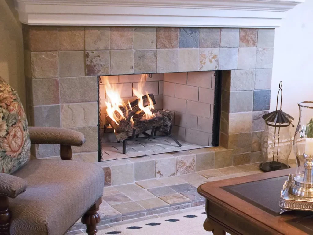 Superior WRT3500 wood-burning fireplace with tile surround and large open firebox