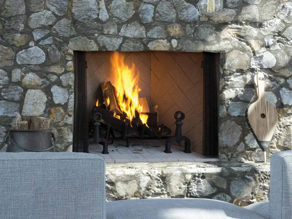 Superior WRT4500 custom wood-burning fireplace with herringbone refractory liner and natural stone surround