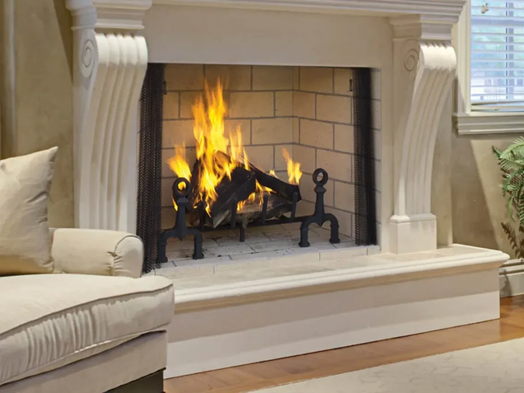 Superior WRT6000 premium wood-burning fireplace with Mosaic Masonry firebrick liner and custom mantel
