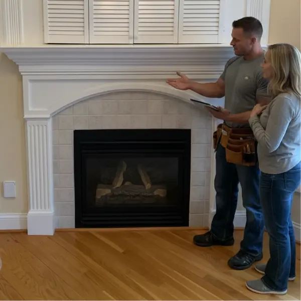 NFI Certified Gas Specialist discussing vent-free gas log installation options with a homeowner