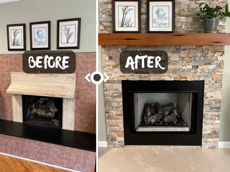 Wood burning fireplace replacement before and after transformation in Virginia Beach VA with custom stone veneer and mantel
